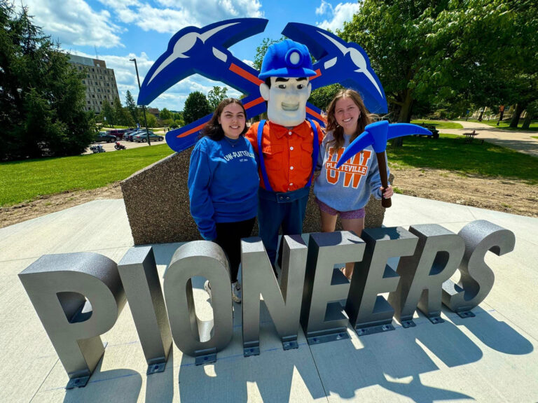 Pioneers and Pickaxes Giant Metal Letters and Logo on University of Wisconsin-Platteville campus