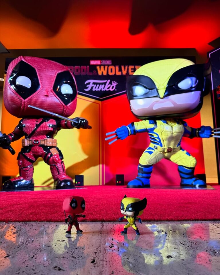 Giant Deadpool and Wolverine Funko Pop! replicas at the premiere next to the actual toys