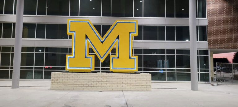 Large LED-lit 11 foot tall sign for Malakoff High School in Texas.