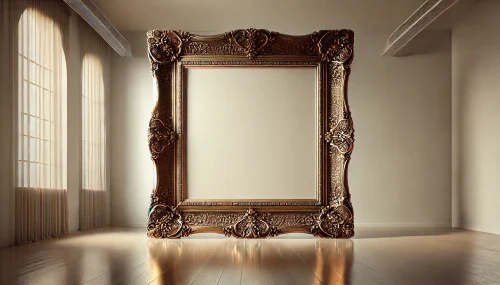 DALL·E 2024-10-22 13.14.39 - A photo-realistic image of a giant photo frame prop placed in a minimalist indoor setting. The frame is massive, with an ornate design featuring intri